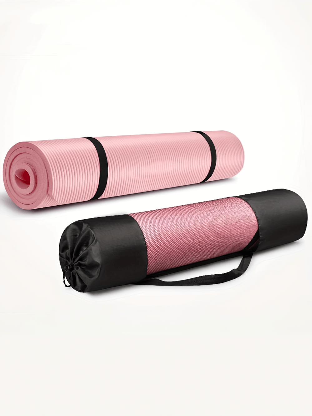 Pink thick non-slip yoga mat rolled with black carrying strap, ideal for home and gym workouts.