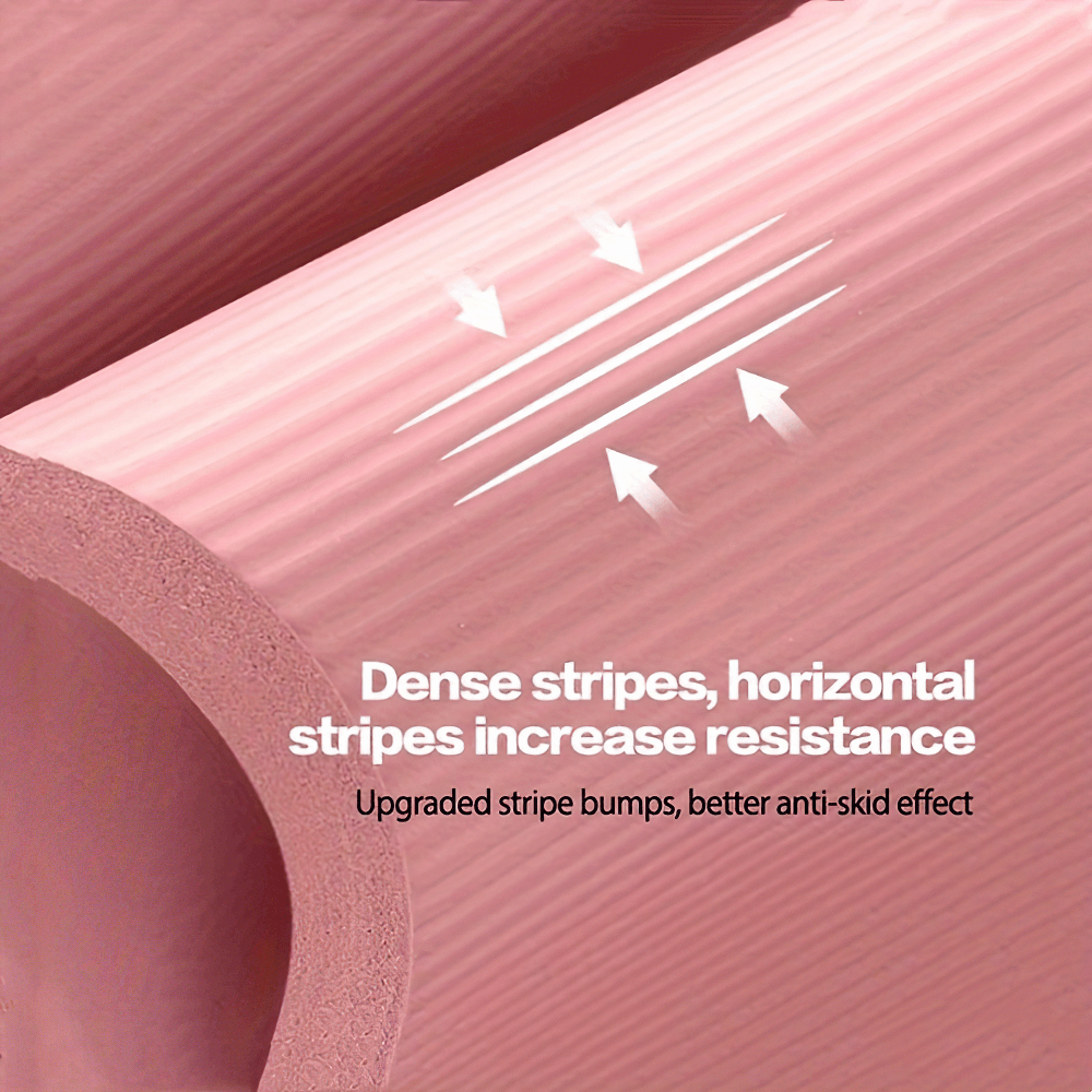 Close-up of pink yoga mat surface with dense horizontal stripes for increased resistance and anti-skid effect.