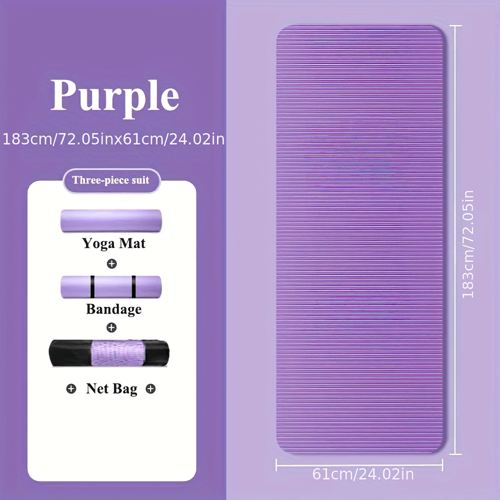 Purple thick non-slip yoga mat set with bandage and net bag, 183cm x 61cm, perfect for home and gym fitness workouts.