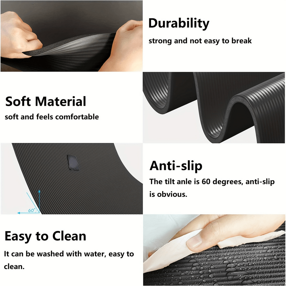 Features of a thick non-slip yoga mat including durability, soft material, anti-slip design, and easy cleaning, ideal for workouts.