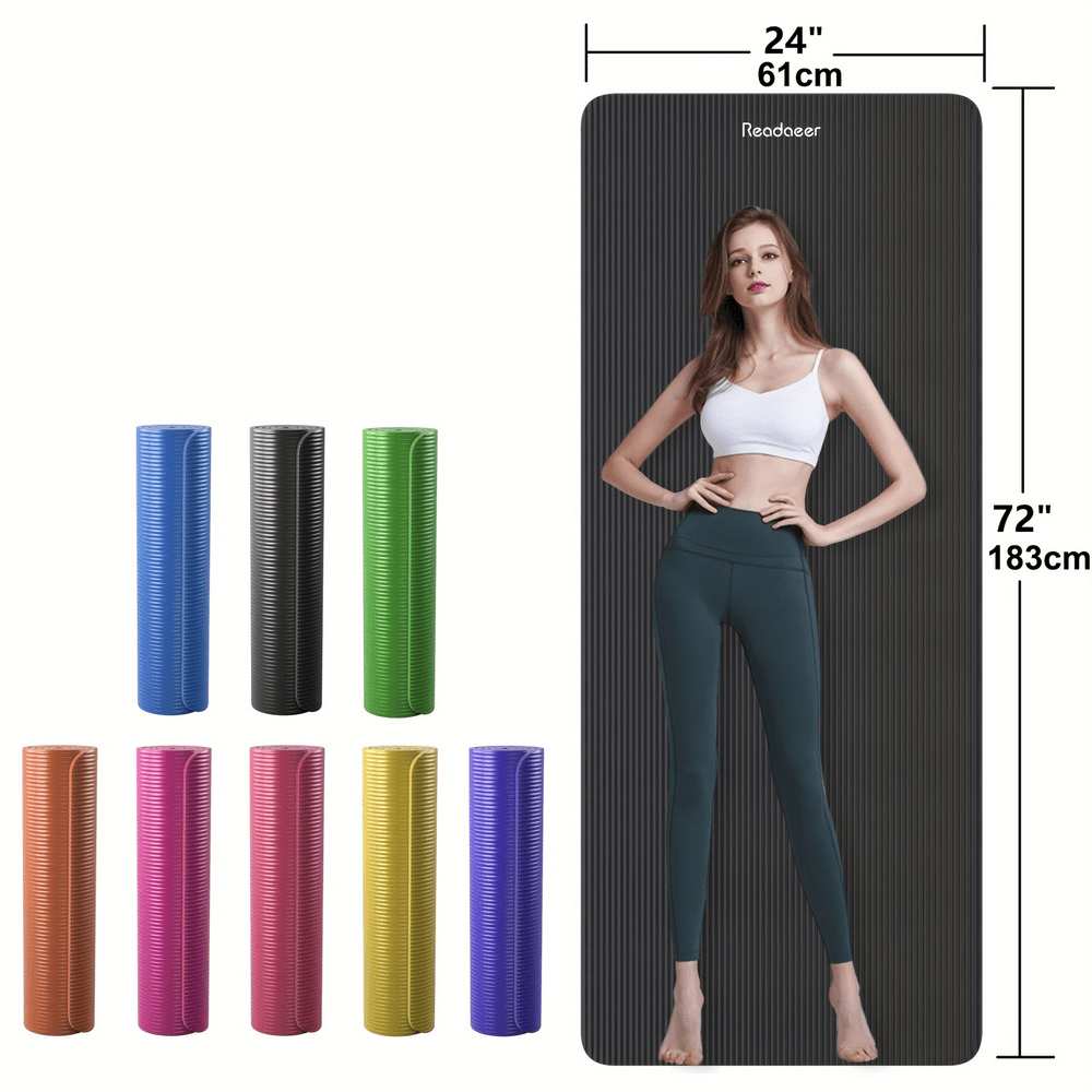 Variety of thick non-slip yoga mats in multiple colors with model showing size and dimensions