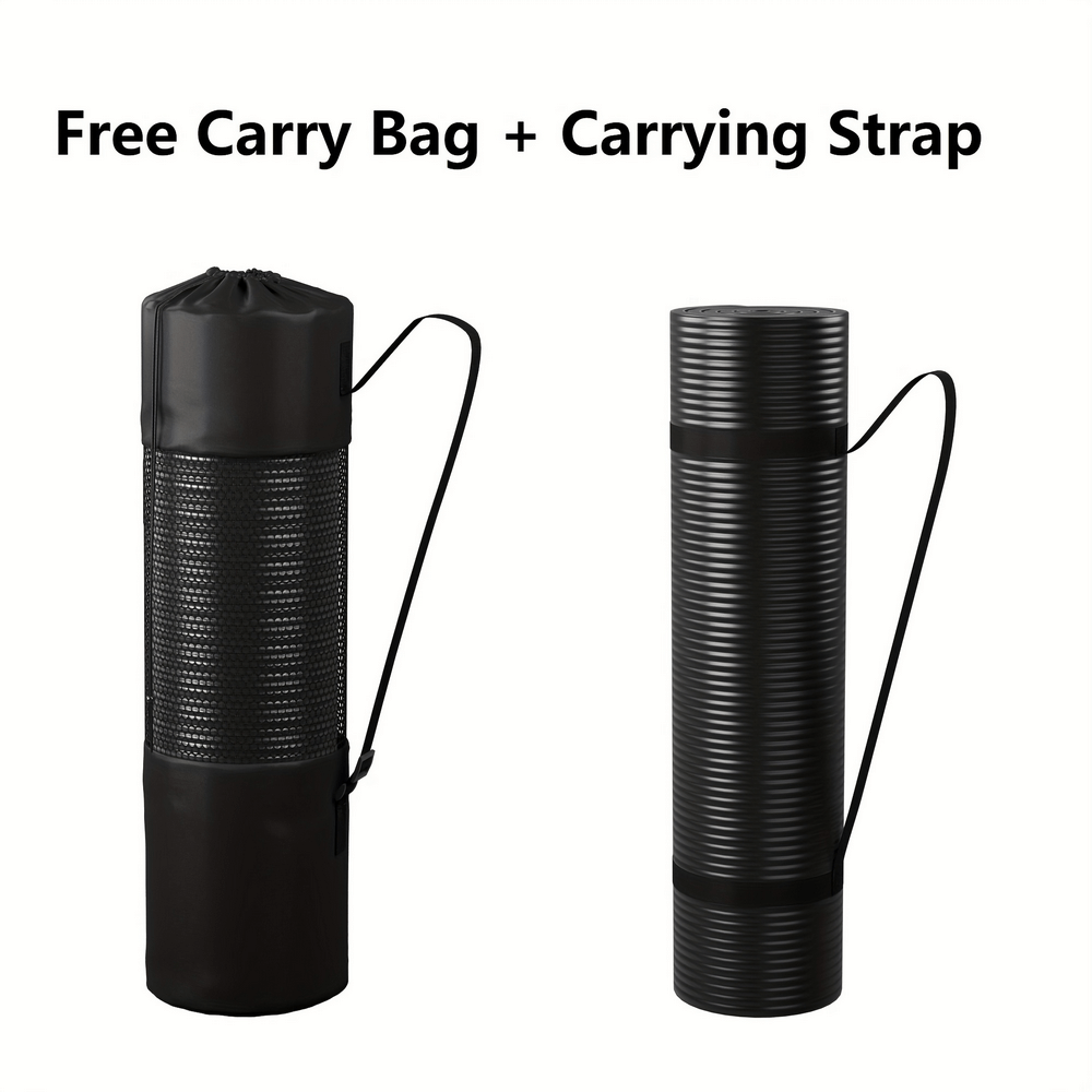 Thick black yoga mat with non-slip texture, featuring free carry bag and strap, perfect for home and gym workouts, product code SF2869.