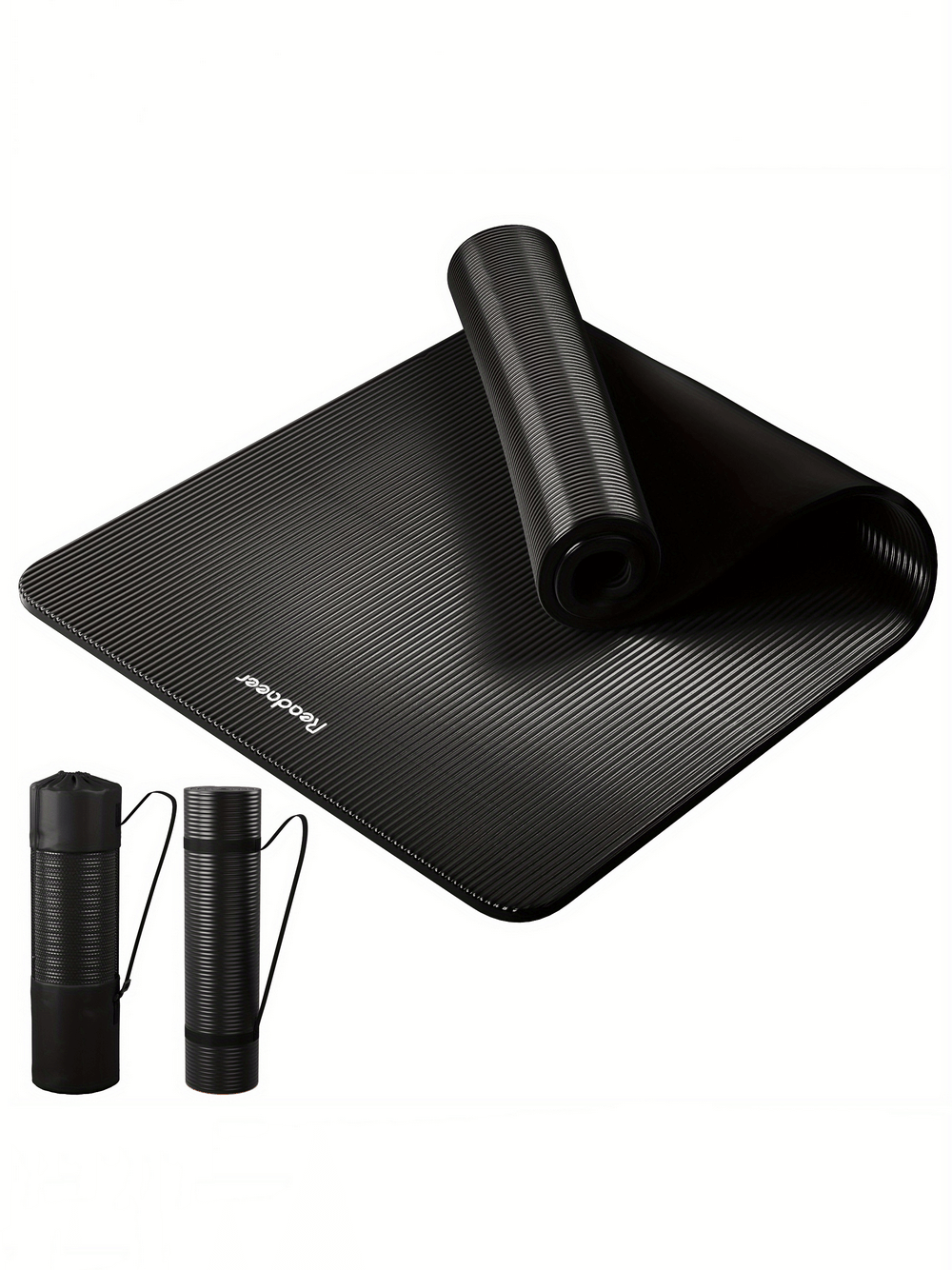 Thick non-slip black yoga mat SF2869 with rolled edge, includes carrying straps, ideal for home and gym workouts.