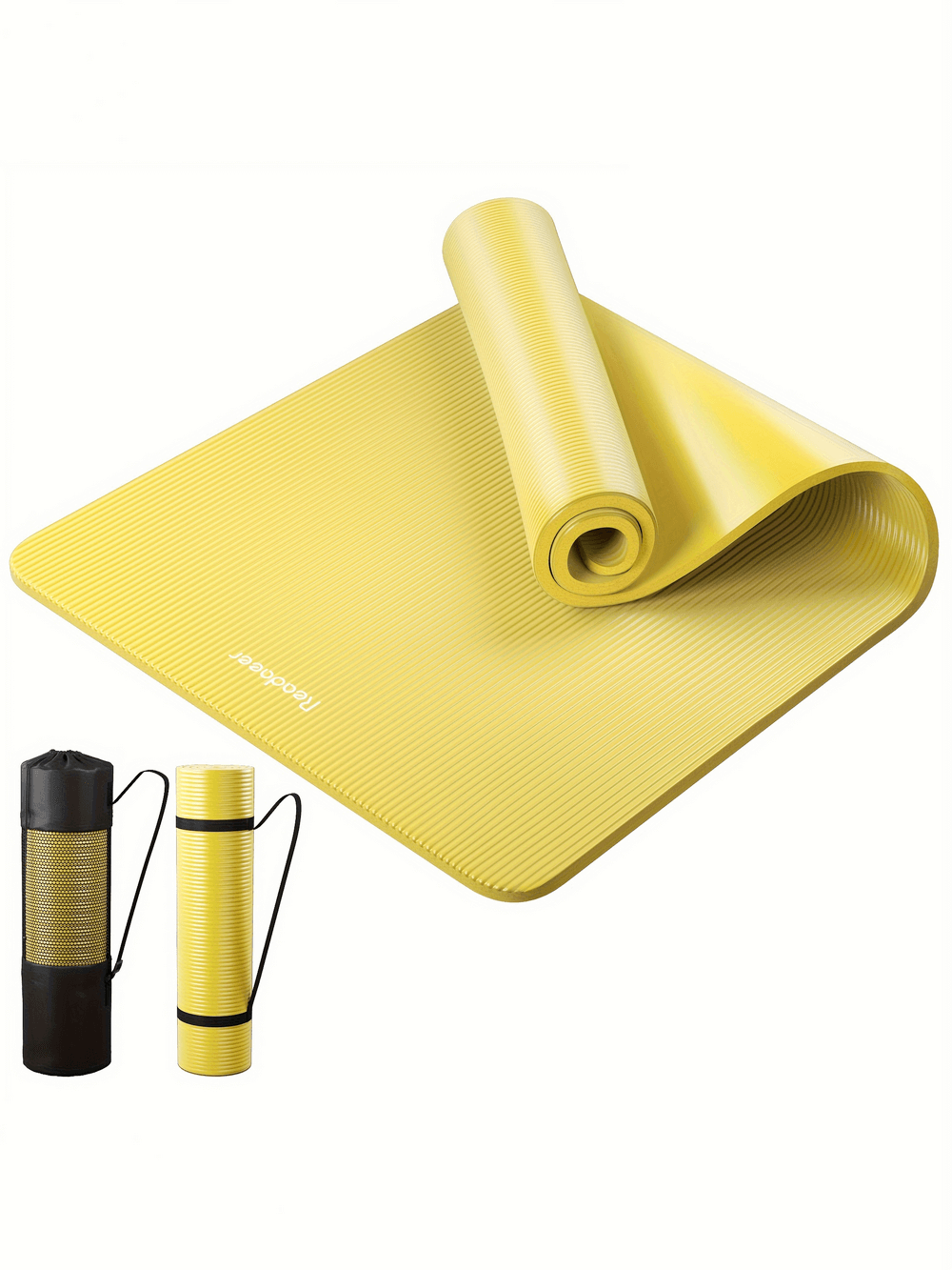 Yellow thick non-slip yoga mat with carrying strap, ideal for home and gym workouts, shown rolled and unrolled.