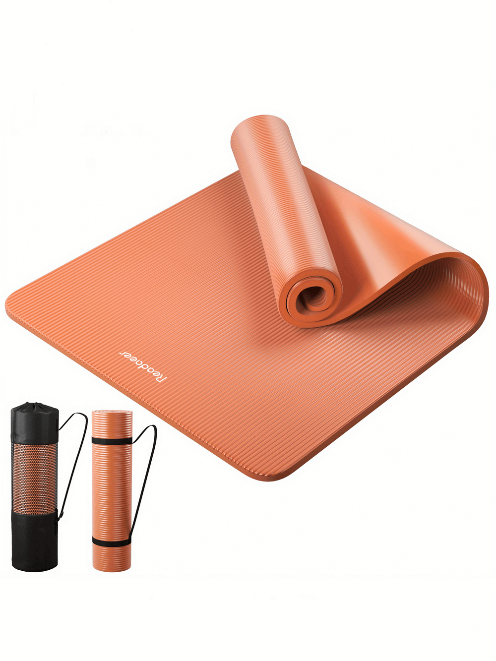 Extra-thick orange yoga mat with non-slip texture, carrying strap, and storage bag for home and gym workouts.