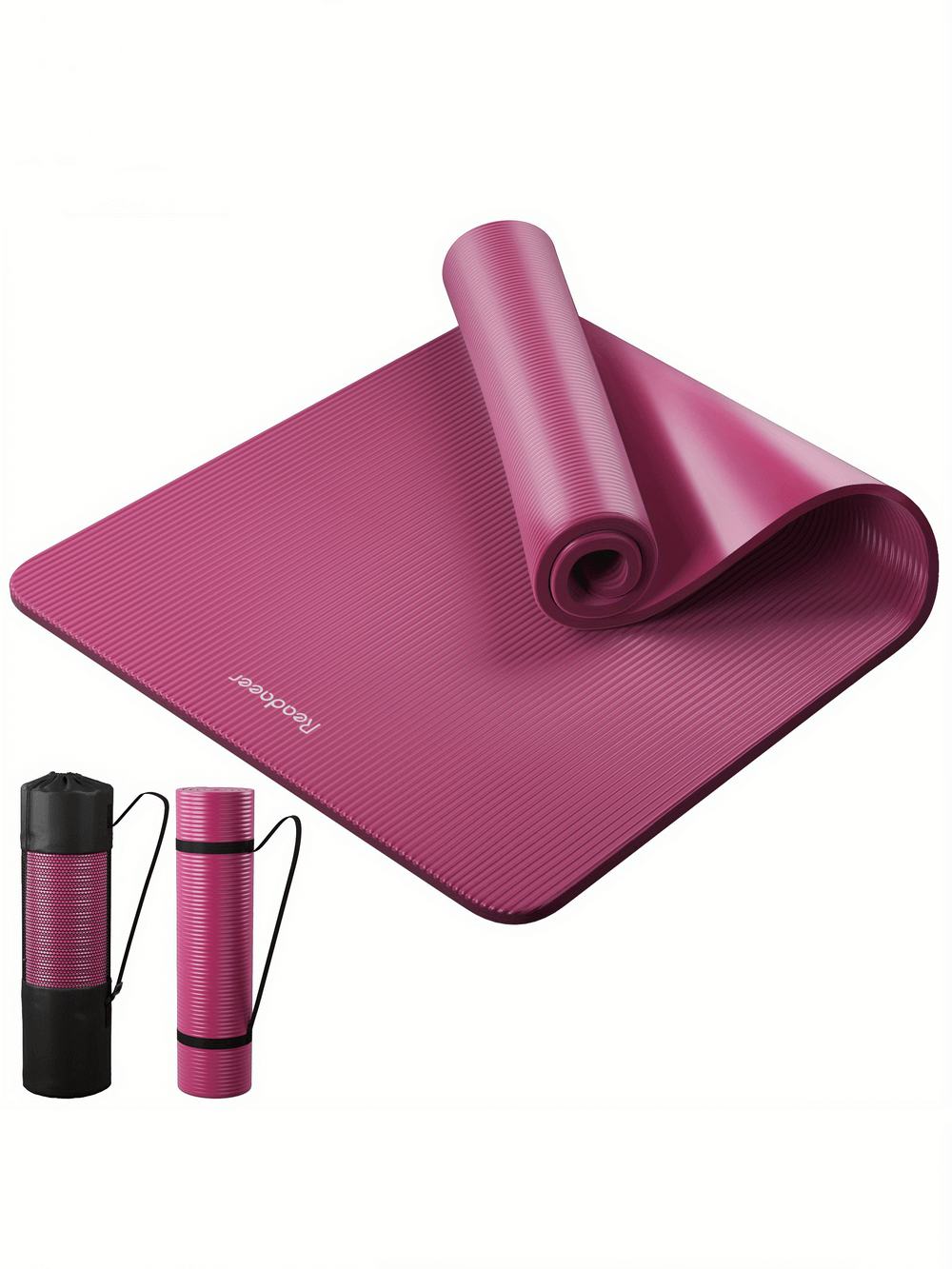 Thick non-slip pink yoga mat with textured surface and carrying case, ideal for home and gym workouts. Durable and easy to clean.