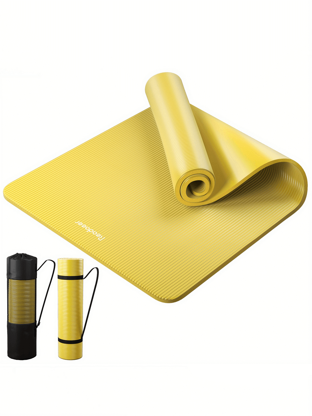 Thick non-slip yellow yoga mat with carry strap, ideal for home and gym workouts. Durable, easy clean design. Model SF2869.