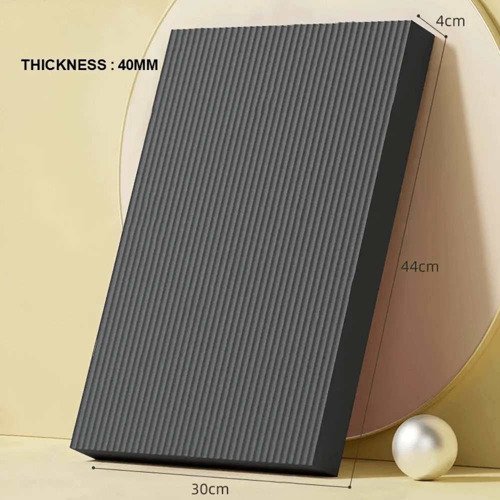 Black thick yoga mat with anti-skid wave pattern and dimensions 30cm x 44cm x 4cm, perfect for stability in fitness workouts.