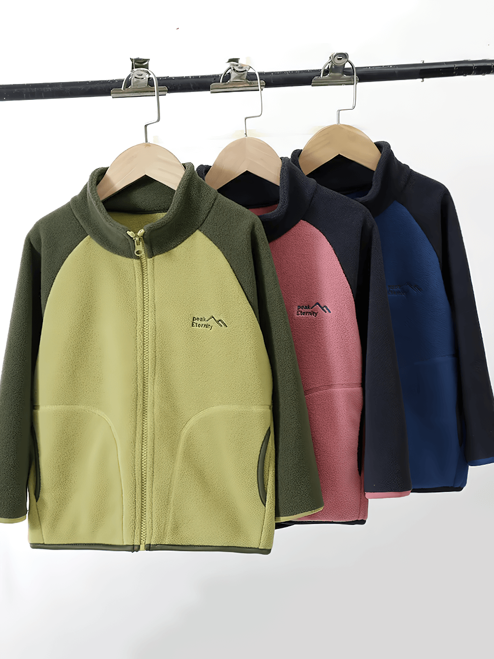 Three Thickened Fleece Jacket with Stand Collar - SF3561 in green, pink, and blue on hangers, perfect for kids' outdoor adventures.