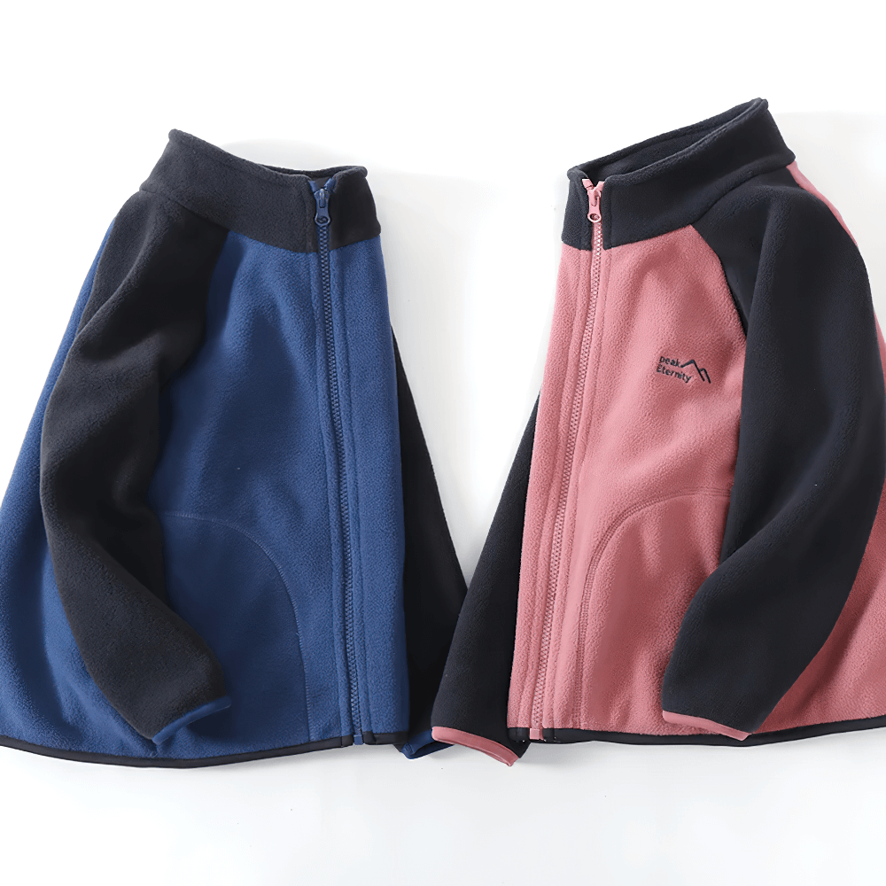 Thickened Fleece Jacket with Stand Collar - SF3561 in blue and pink, showcasing windproof design with contrast zippers for kids.
