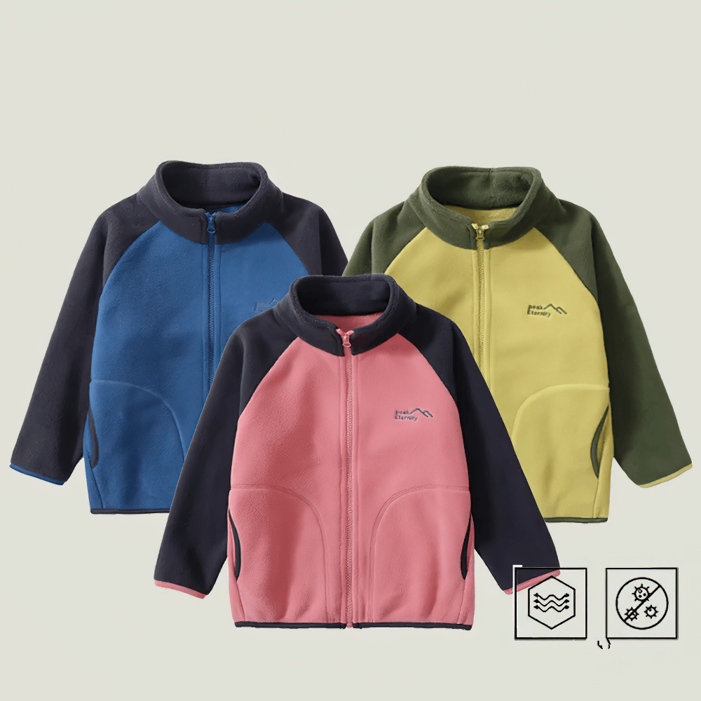 Thickened Fleece Jacket with Stand Collar - SF3561, kids windproof zip fleece with hood in blue, pink, and green for outdoor adventures.