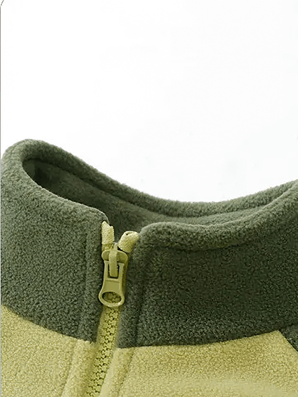 Close-up of Thickened Fleece Jacket with Stand Collar - SF3561 showing the cozy green stand collar detail.