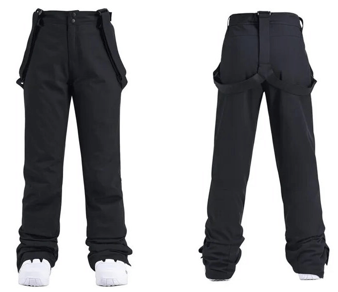 Black women's thermal skiing pants with suspenders, featuring a waterproof, windproof design for superior warmth and comfort.