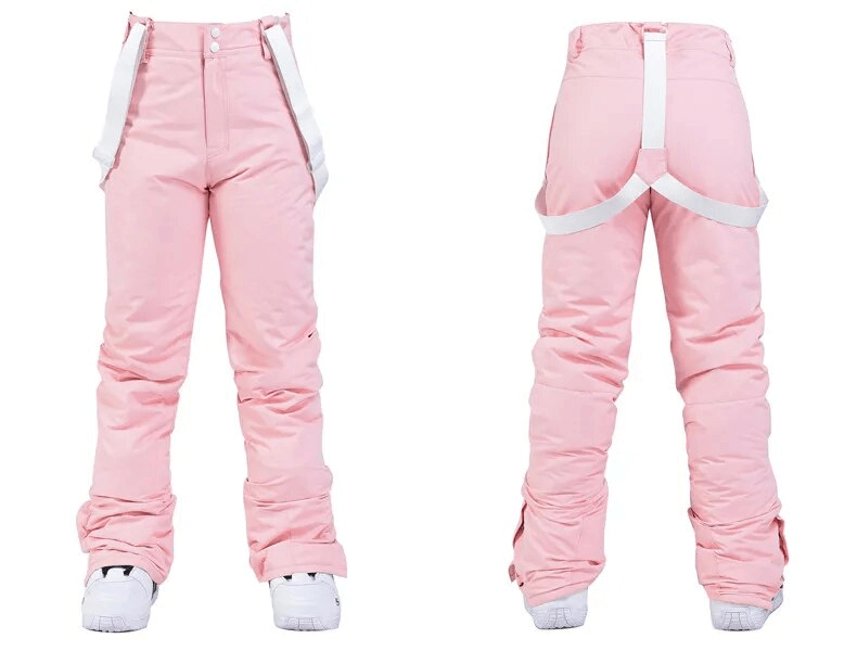 Pink thermal skiing pants for women with braces, front and back view.