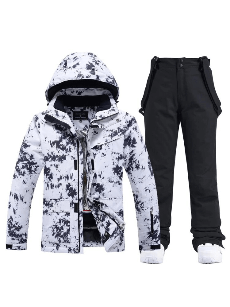 Women's thickened thermal ski suit with patterned jacket and black pants, perfect for warmth and protection in snowy conditions.