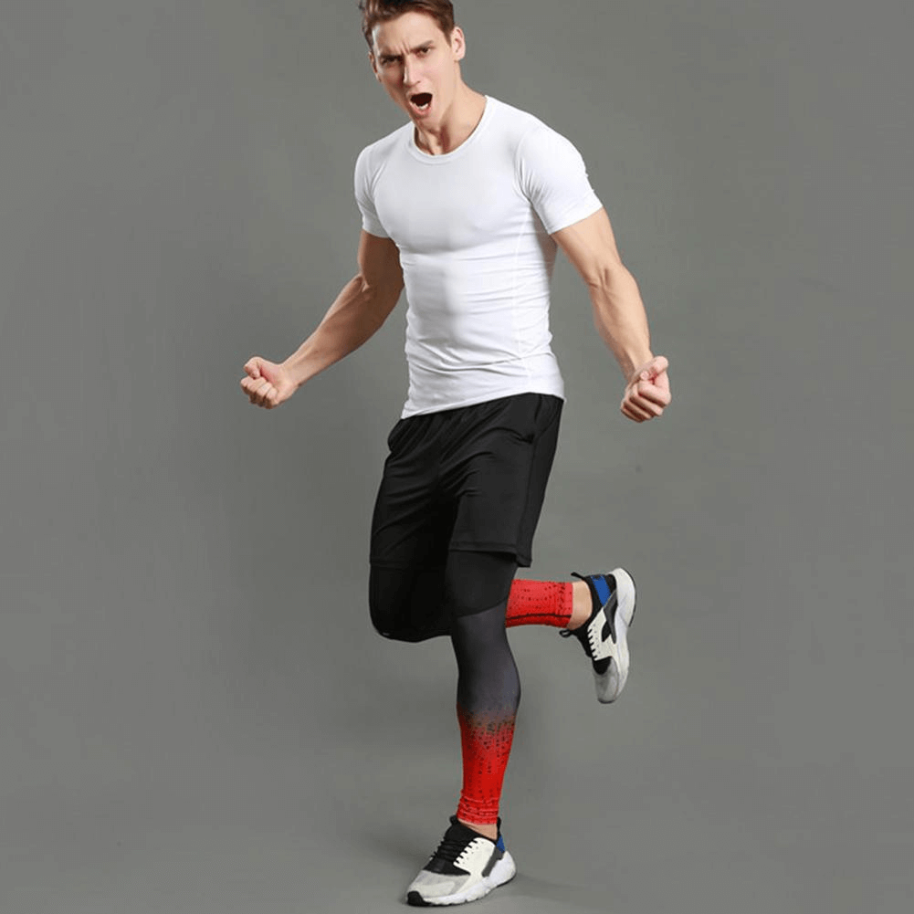 Man wearing thin breathable workout shorts with quick-dry polyester, running in stylish fitness gear, showcasing lightweight athletic wear.