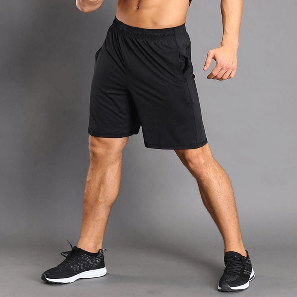 Thin breathable workout shorts for men in black, quick-dry polyester with drawstring, ideal for running and intensive exercise.