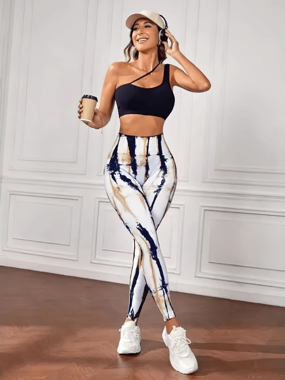 Woman wearing Tie Dye Leggings with a Sleek and Stay-Put Fit - SF4002, showcasing butt-lift contour and white lightning print.