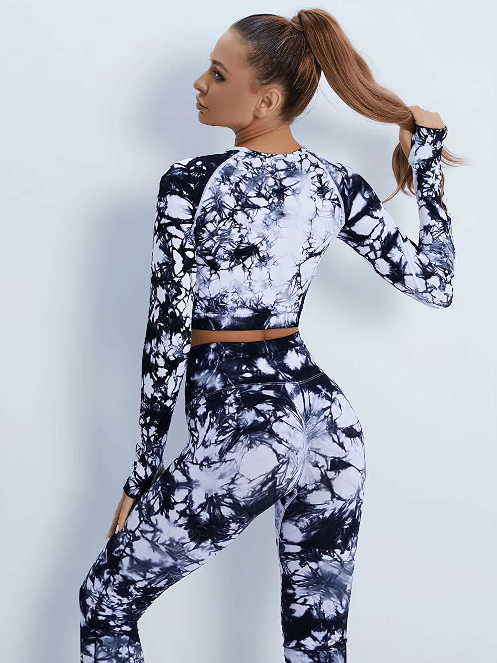 Alt Tag: Tie Dye Long Sleeved Crop Top and Leggings - SF4336 marble print long sleeve crop top and high waist leggings workout set