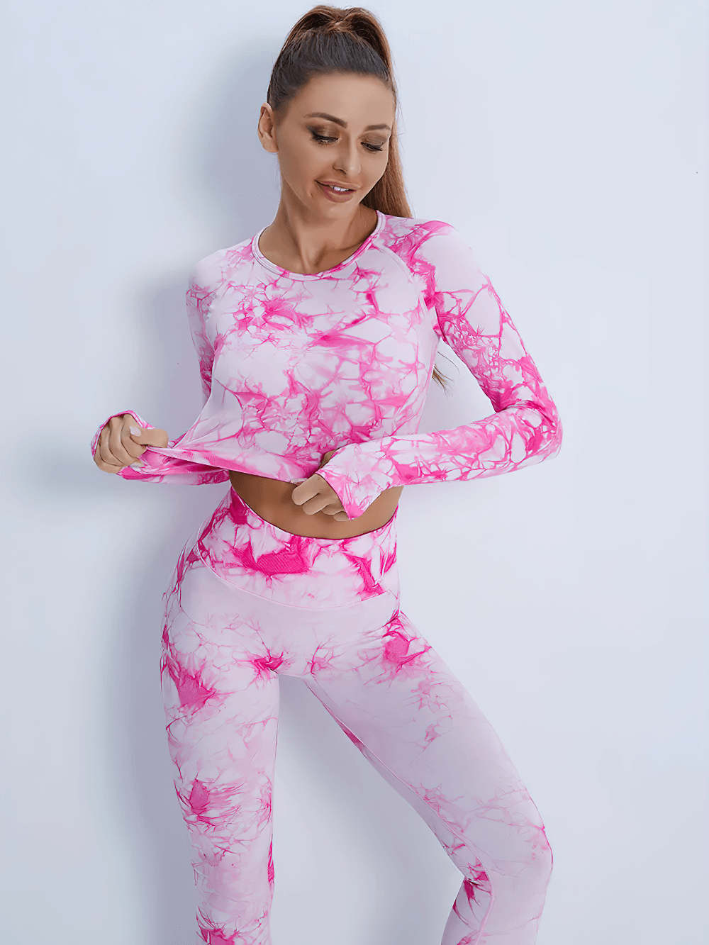 Alt Tag: Tie Dye Long Sleeved Crop Top and Leggings - SF4336 pink marble print long sleeve crop top and high waist leggings workout set