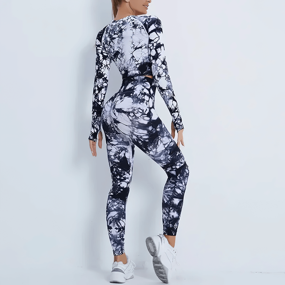 Alt Tag: Tie Dye Long Sleeved Crop Top and Leggings - SF4336 marble print long sleeve cropped top and high waist leggings workout set