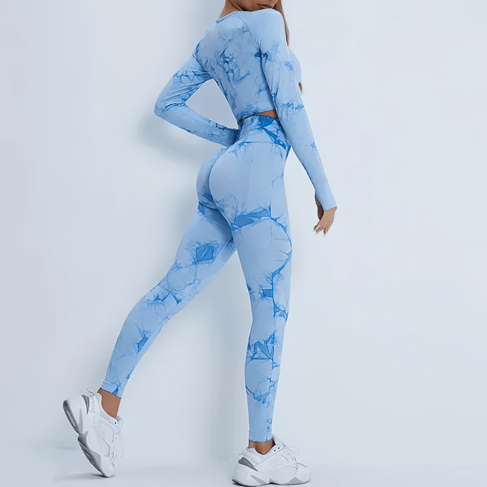 Alt Tag: Tie Dye Long Sleeved Crop Top and Leggings - SF4336 blue marble print long sleeve crop top & high-waist leggings workout set