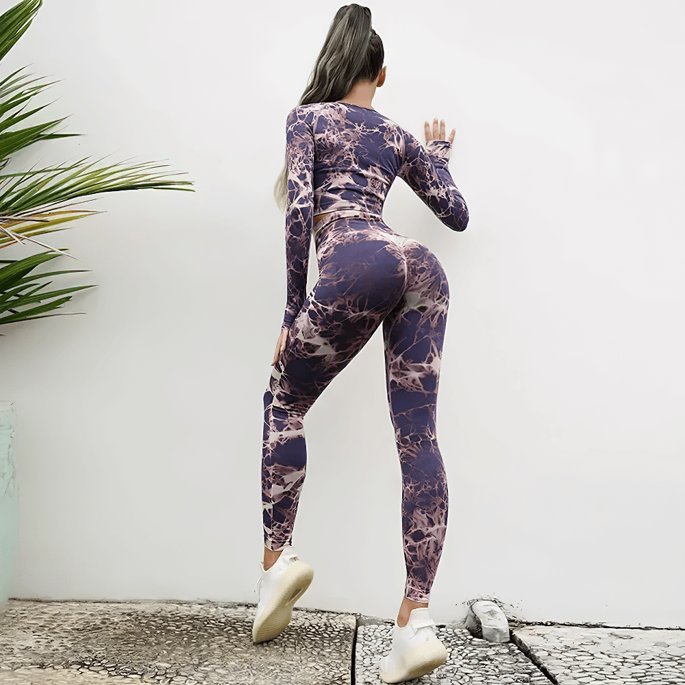 Alt Tag: Tie Dye Long Sleeved Crop Top and Leggings - SF4336 marble print long sleeve crop top and high waist leggings workout set, back view