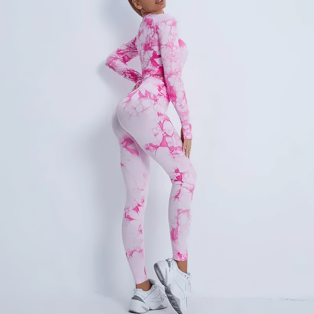 Alt Tag: Tie Dye Long Sleeved Crop Top and Leggings - SF4336 pink marble print long sleeve crop top and high waist leggings workout set