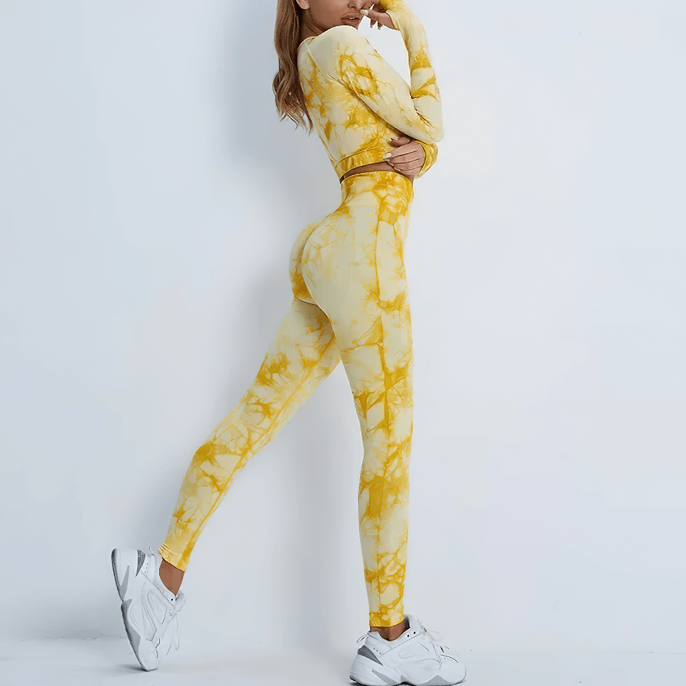 Alt Tag: Tie Dye Long Sleeved Crop Top and Leggings - SF4336 yellow marble print long sleeve crop top and high waist leggings workout set