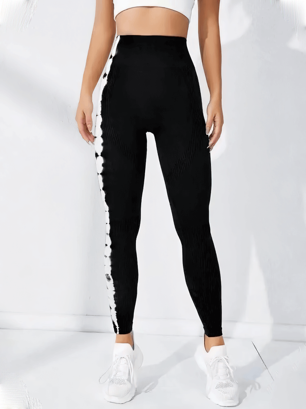 Woman wearing Tie Dye Seamless High Waist Leggings for Women - SF4057 in black and white for yoga or gym.