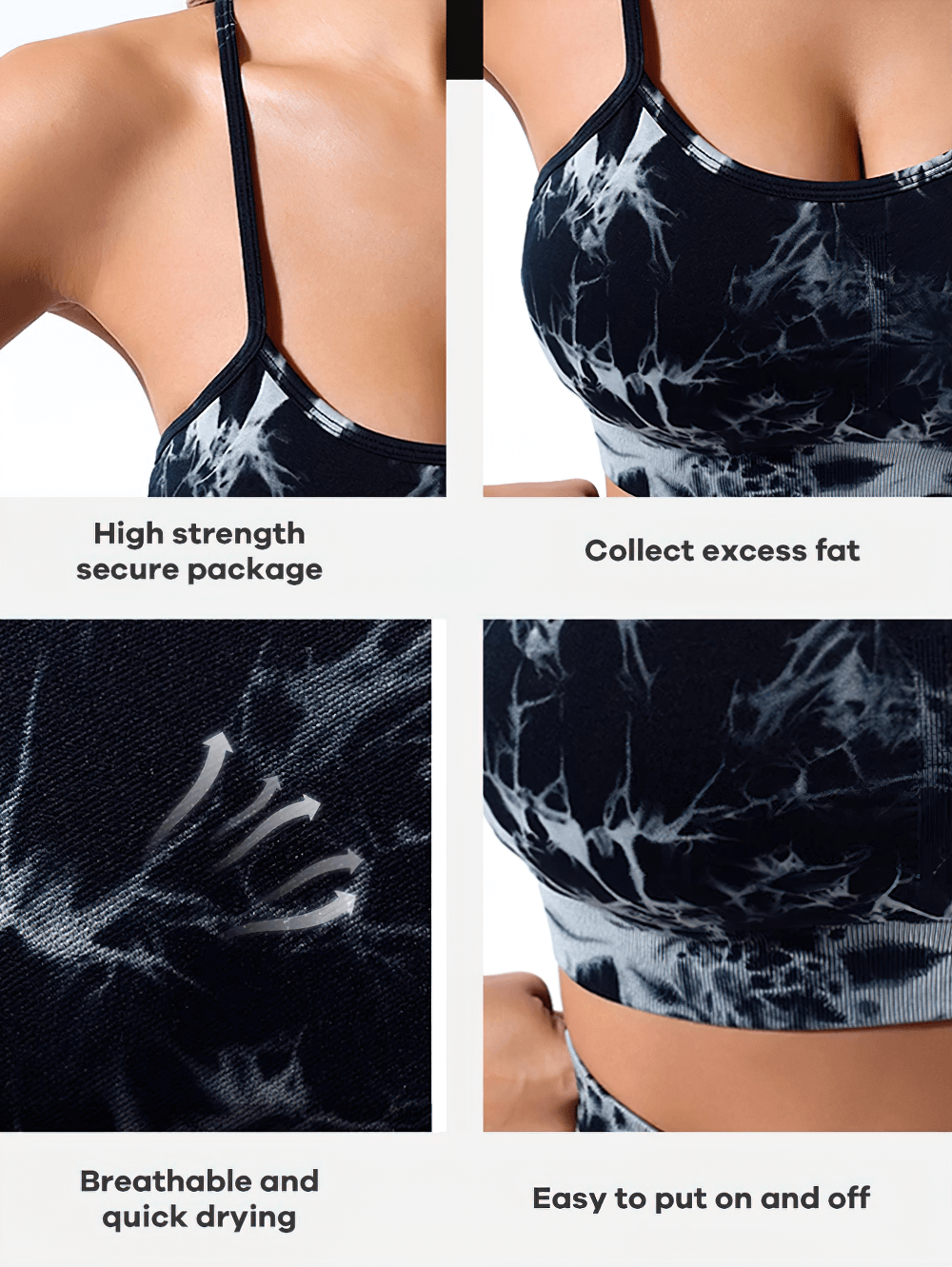 Tie Dyed Seamless Sports Bra for Gym and Yoga - SF3996, black marble-print, breathable quick-dry fabric, secure fit with ribbed underband.