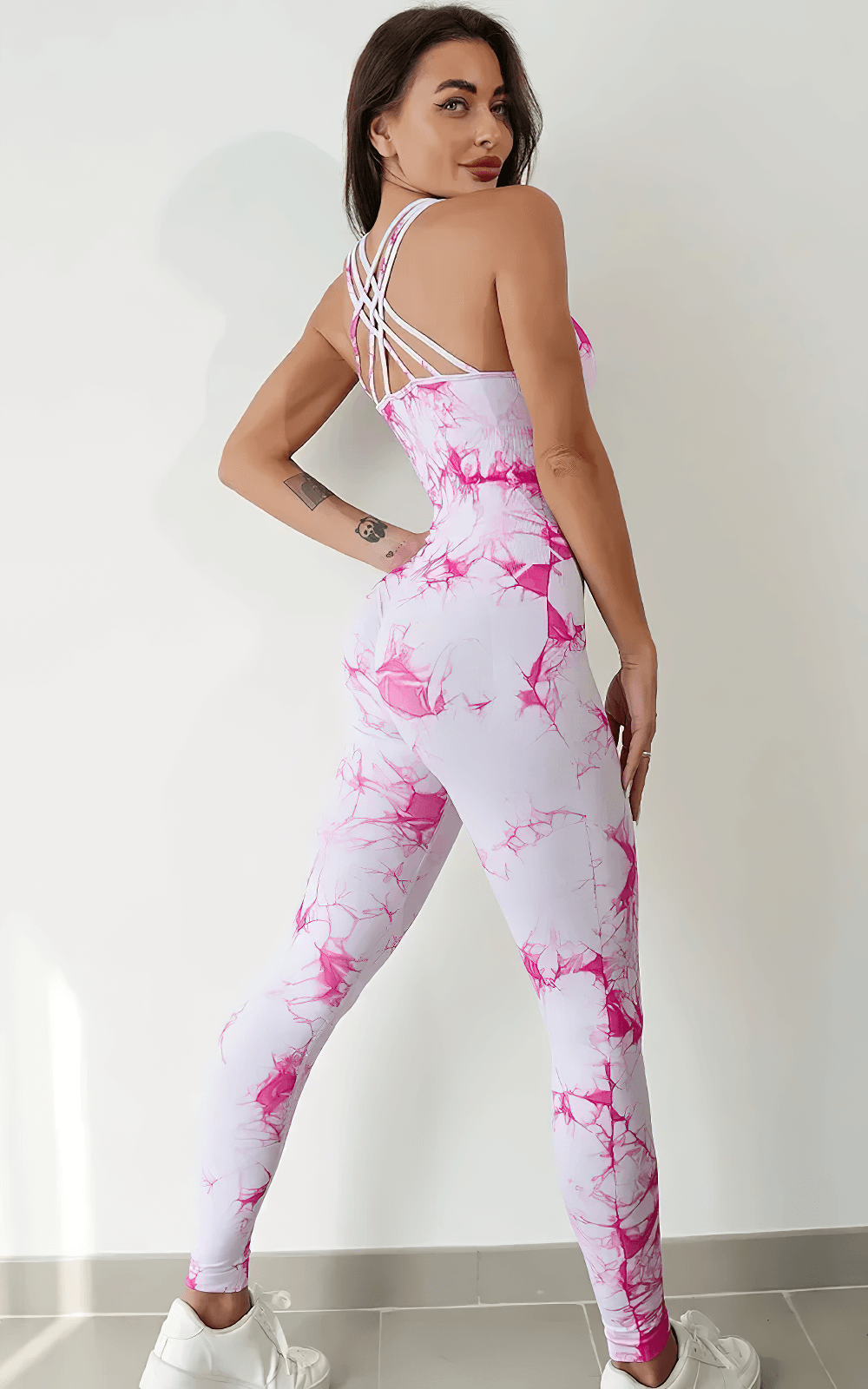 Alt Tag: Tie-Dyed Yoga Jumpsuit with Strappy Back for Women - SF4284 pink tie-dye quick-dry bodysuit with cross-back straps