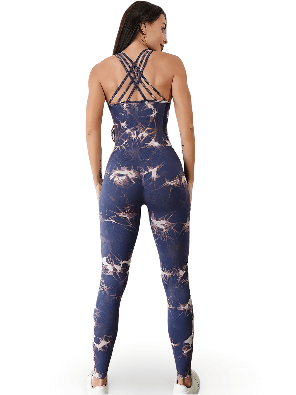 Alt Tag: Tie-Dyed Yoga Jumpsuit with Strappy Back for Women - SF4284 back view, cross-back straps, quick-dry fitness bodysuit
