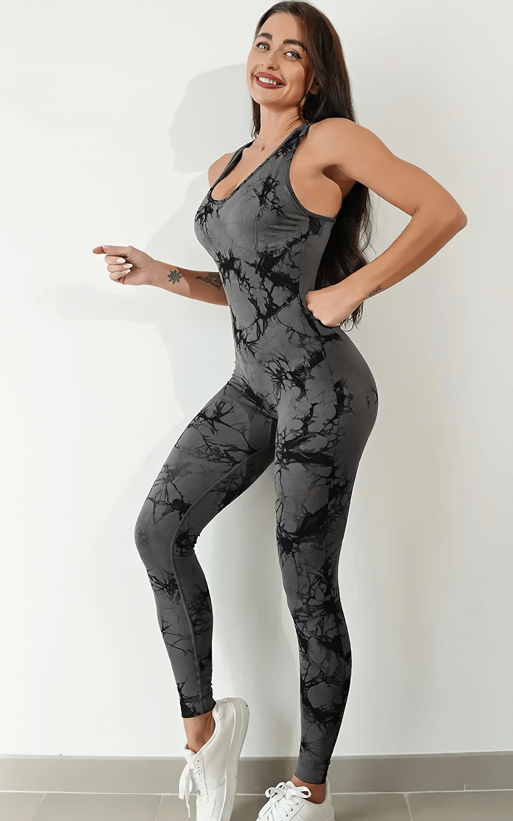 Alt Tag: Tie-Dyed Yoga Jumpsuit with Strappy Back for Women - SF4284 black tie-dye quick-dry strappy back bodysuit