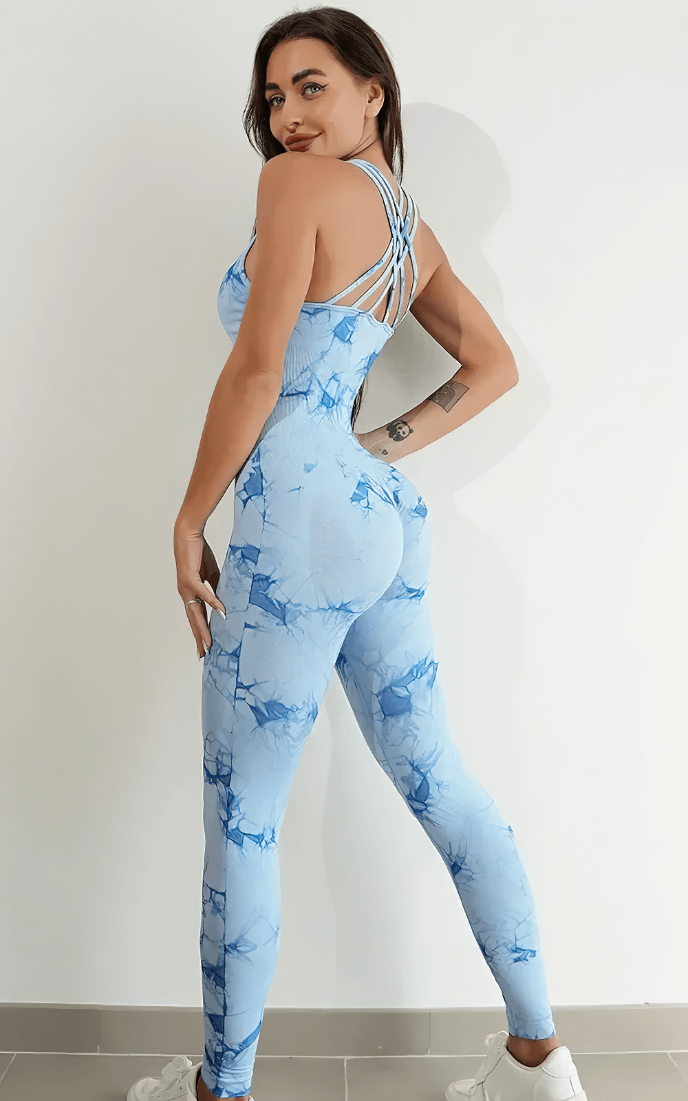 Alt Tag: Tie-Dyed Yoga Jumpsuit with Strappy Back for Women - SF4284 blue tie-dye one-piece bodysuit, cross-back straps, quick-dry fit