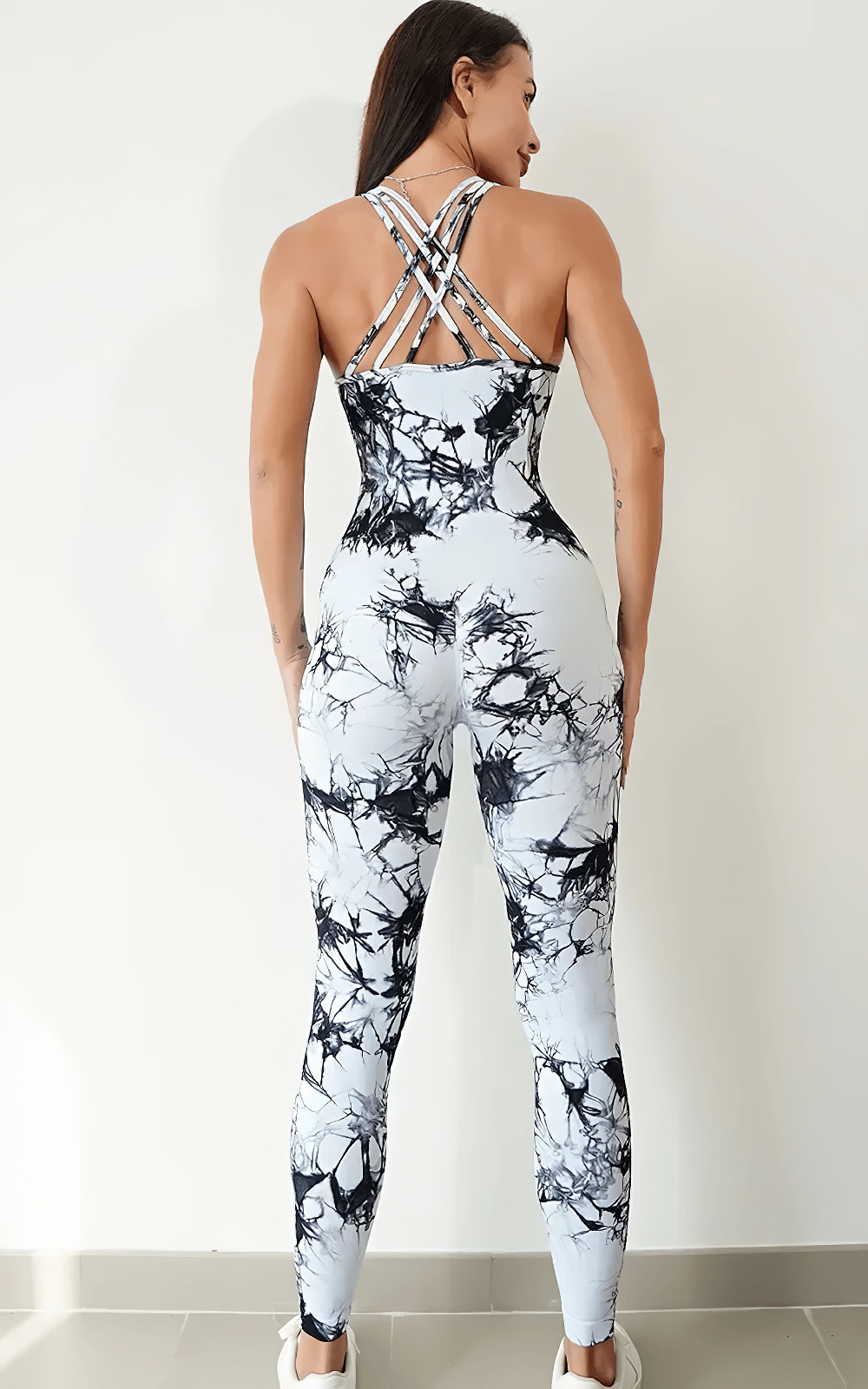 Alt Tag: Tie-Dyed Yoga Jumpsuit with Strappy Back for Women - SF4284, back view strappy cross-back quick-dry fitness bodysuit