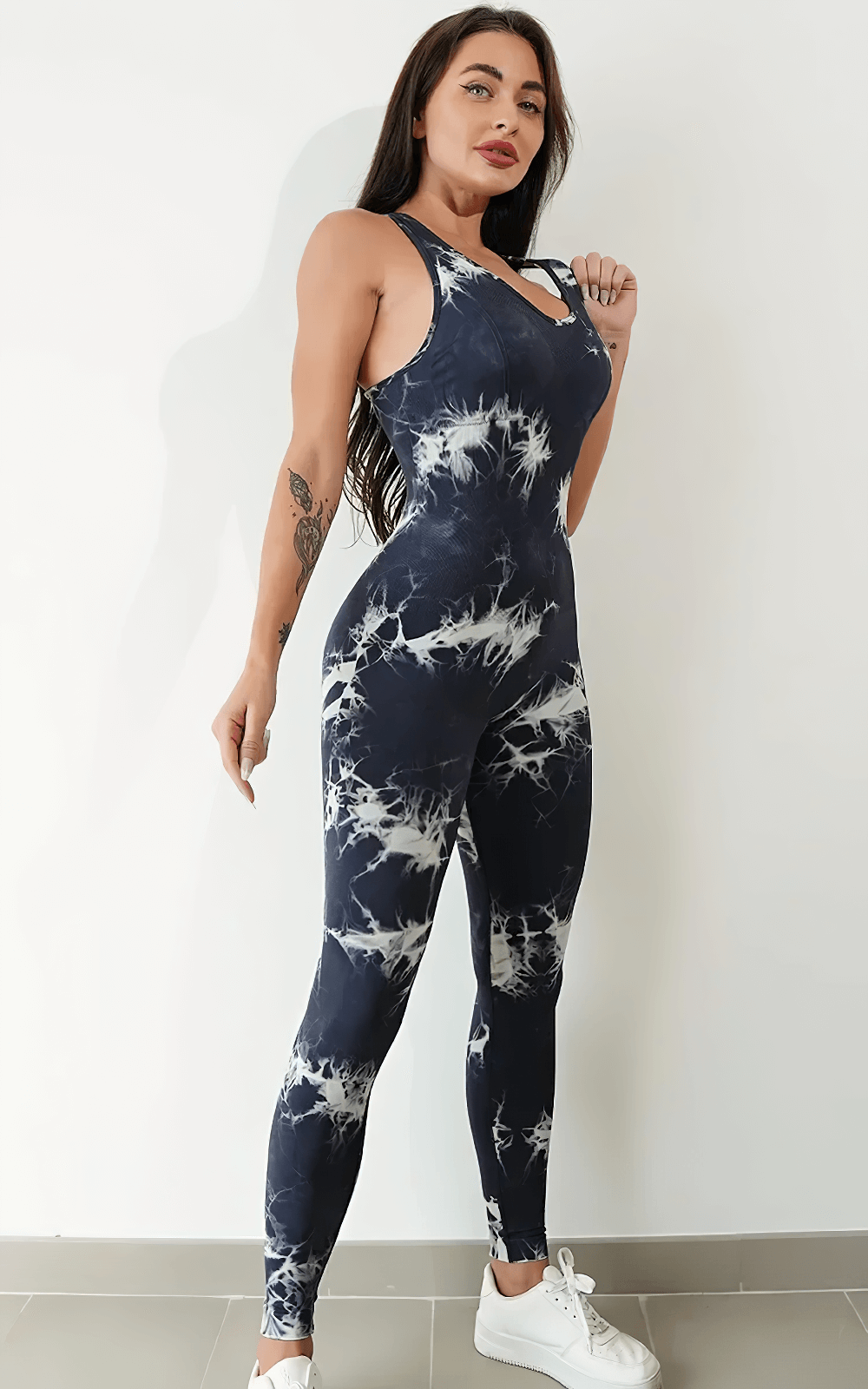 Alt Tag: Tie-Dyed Yoga Jumpsuit with Strappy Back for Women - SF4284 women’s quick-dry tie-dye bodysuit with cross-back, fitness & yoga