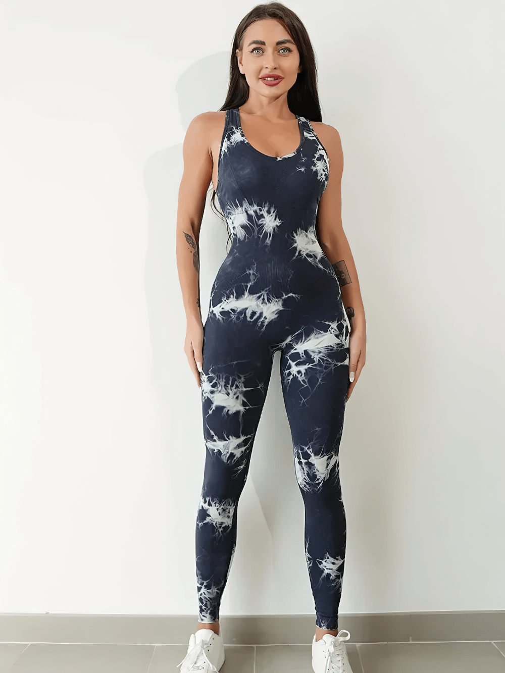 Alt Tag: Tie-Dyed Yoga Jumpsuit with Strappy Back for Women - SF4284 women’s quick-dry tie-dye fitness yoga bodysuit, full-length front view