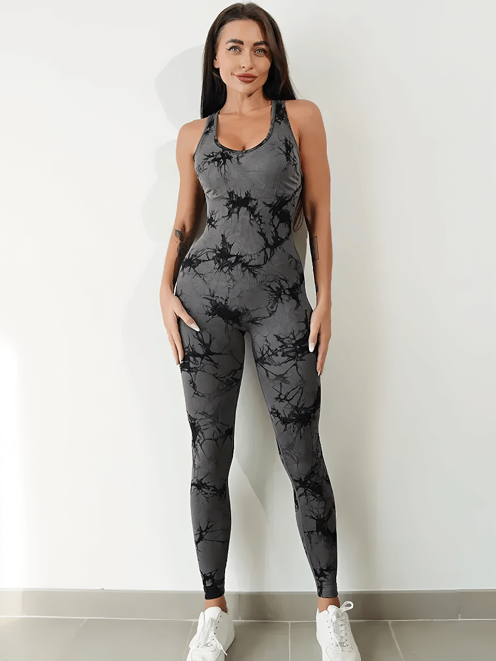 Alt Tag: Tie-Dyed Yoga Jumpsuit with Strappy Back for Women - SF4284 worn by model, quick-dry tie-dye fitness bodysuit