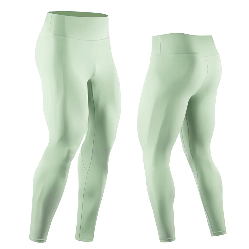 Light green men's high rise workout leggings, breathable and tight fit for optimal comfort during exercise.