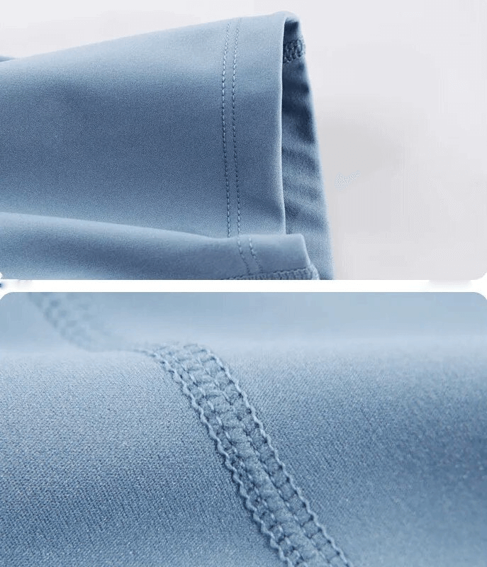 Close-up view of the tight breathable men's high rise workout leggings in light blue, showcasing detailed stitching and fabric texture.