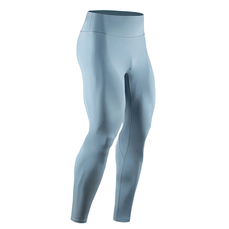 Light blue men's high rise workout leggings, breathable and tight-fitting, made from lightweight polyester and nylon blend.