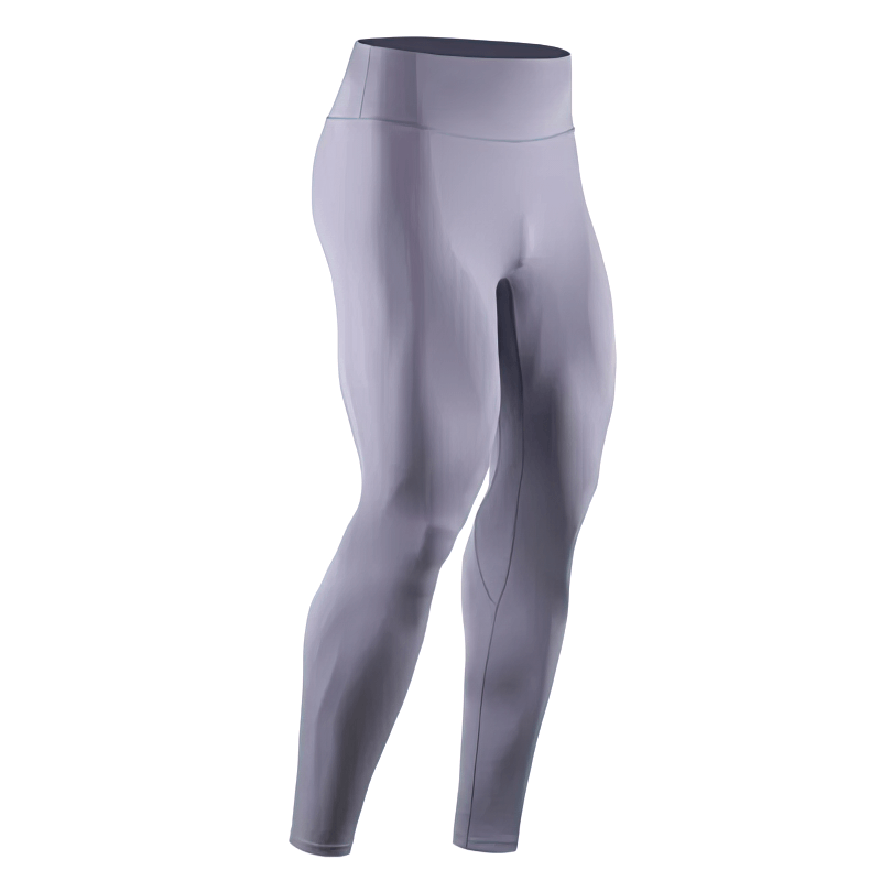 Tight breathable men's high rise workout leggings in gray, showcasing comfort and fit for active wear and running.