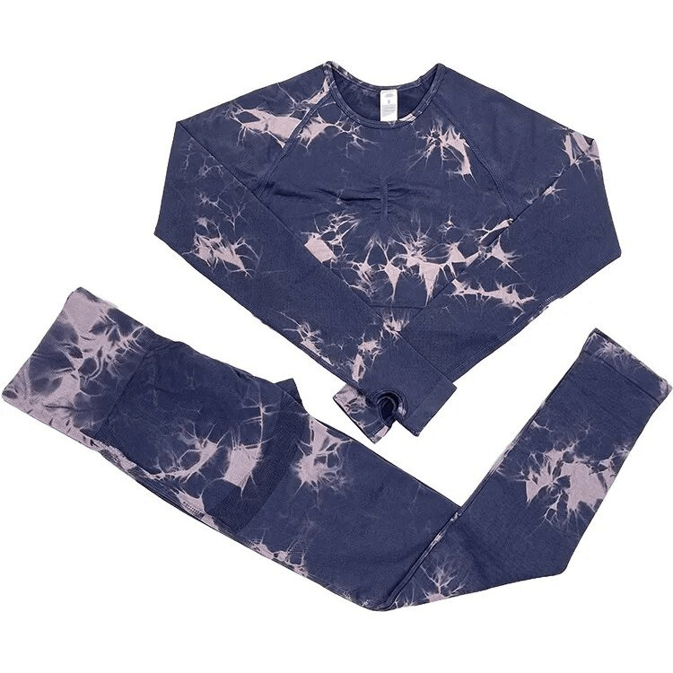 Tight Breathable Women's Two-Piece Yoga Set SF1746 in blue with stylish print pattern, made from quick-drying nylon for comfort and workouts.