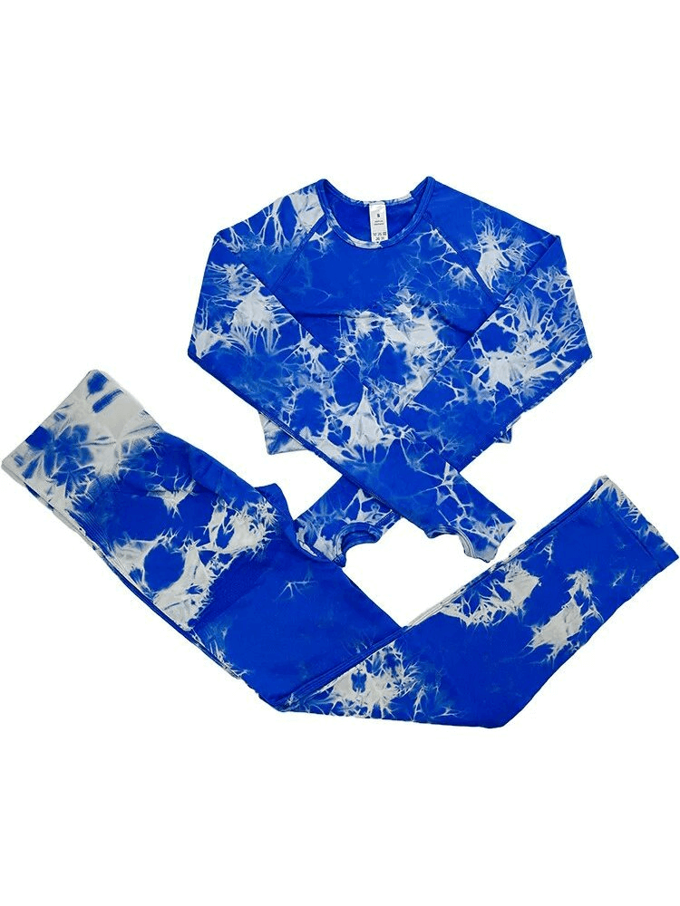 Women's blue tie-dye yoga set with long sleeves and full-length pants, breathable nylon, stylish and comfortable for workouts.