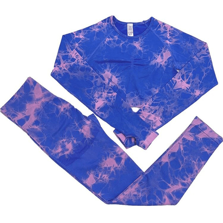 Stylish blue and pink print two-piece women's yoga set with long sleeve top and pants, made from breathable nylon for comfort and quick-drying.