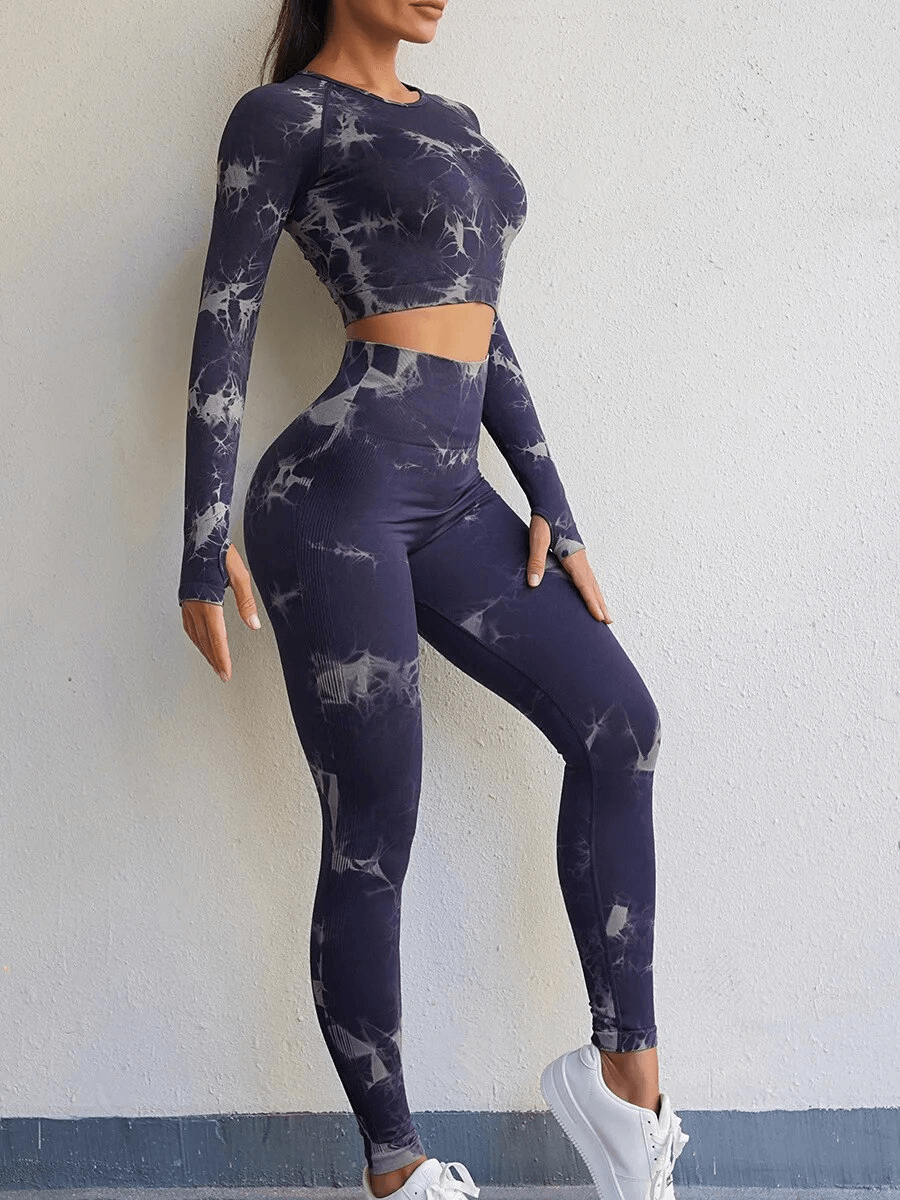 Tight breathable sports women's two-piece yoga set, stylish print, full-length sleeves, comfortable nylon for workouts - SF1746