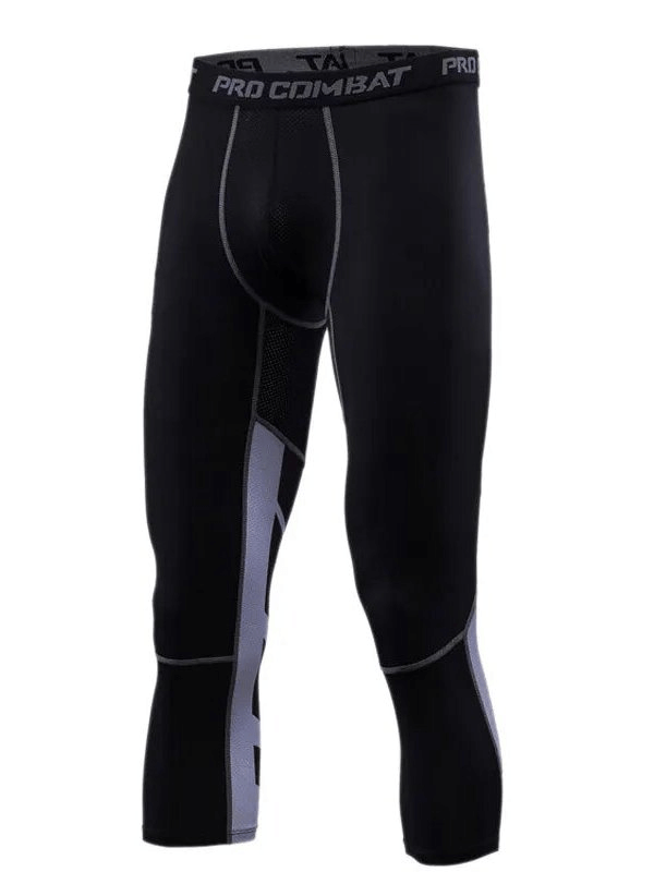 Black tight compression men's running leggings, SF1568, with breathable, quick-drying fabrics for optimal sports performance.