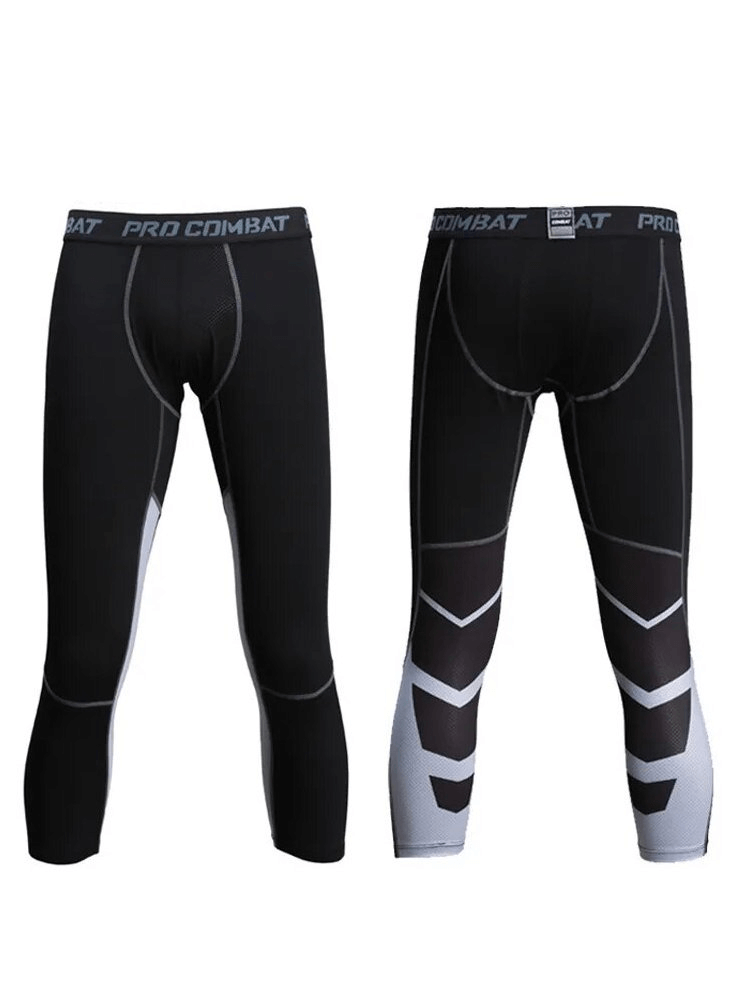 Black and grey tight compression men's running leggings SF1568 featuring breathable, moisture-wicking fabric, perfect for sports and workouts.