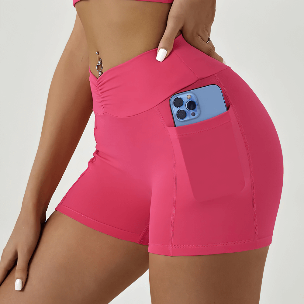Pink Tight Fitting High Waisted Scrunch Yoga Shorts - SF4119 with phone in pocket